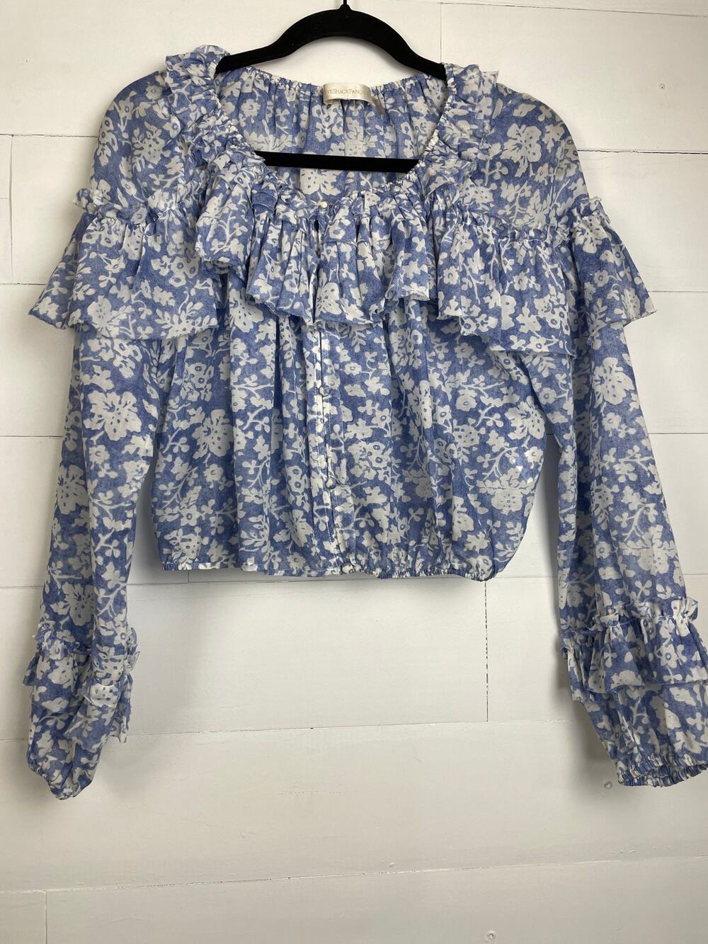 LoveShackFancy Nellie Ruffle Popover Blouse Silk Blend Crop Top Biscay Blue M
